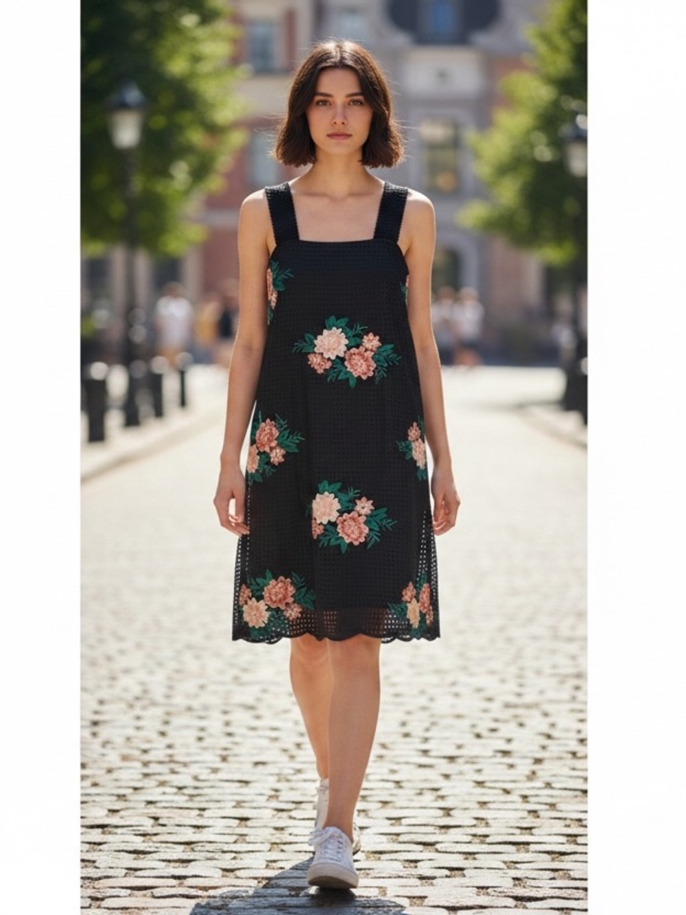 Zara Floral Embroidered Dress‎ Jumper Eyelet Size Black Pink S EUC